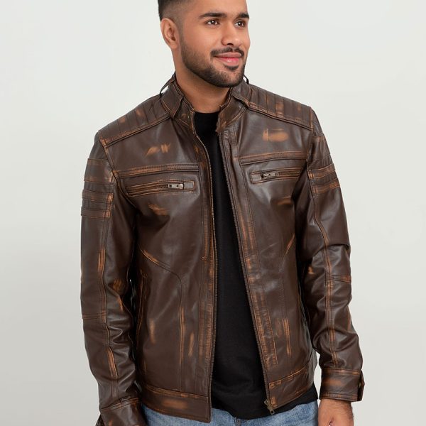 Theodore Elementary Brown Leather Cafe Racer Jacket - Front