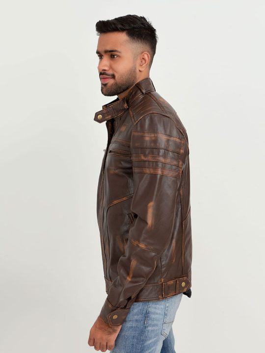 Theodore Elementary Brown Leather Cafe Racer Jacket - Left