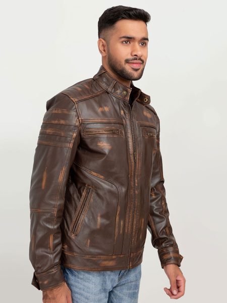 Theodore Elementary Brown Leather Cafe Racer Jacket - Right