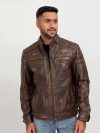 Theodore Elementary Brown Leather Cafe Racer Jacket - Zipped