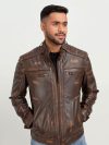 Theodore Elementary Brown Leather Cafe Racer Jacket - Zoom
