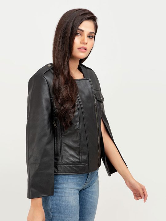Zendaya Split-Sleeve Cropped Black Leather Jacket - Right