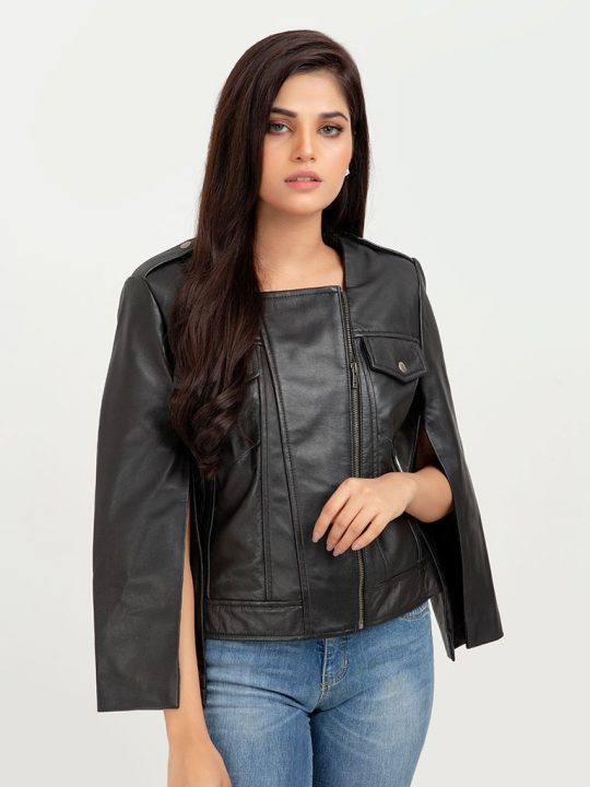 Zendaya Split-Sleeve Cropped Black Leather Jacket - Zipped