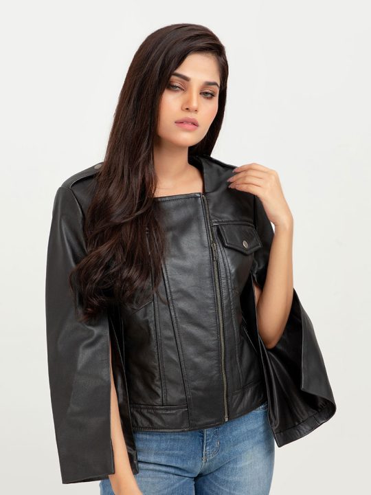 Zendaya Split-Sleeve Cropped Black Leather Jacket - Zoom