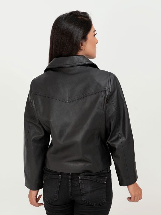 Zip Up Black Leather Biker Jacket - Back