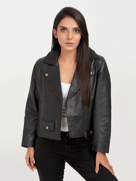 Zip Up Black Leather Biker Jacket - Front