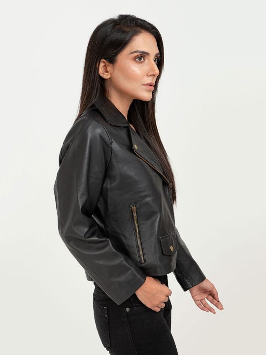 Zip Up Black Leather Biker Jacket - Right