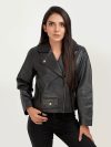 Zip Up Black Leather Biker Jacket - Zipped